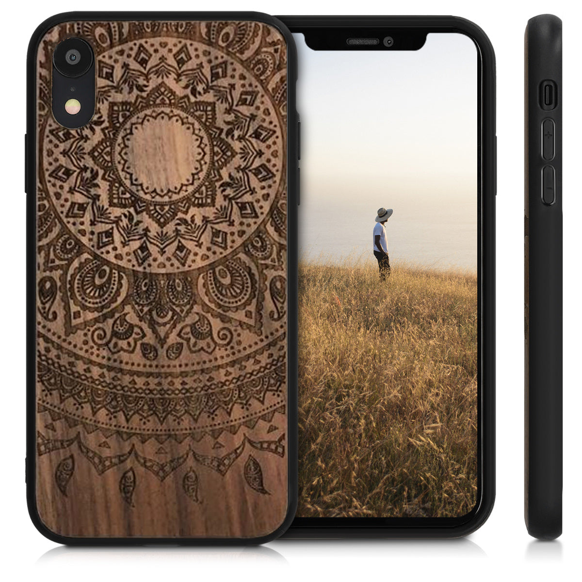Holz Hardcase mit TPU Bumper für Apple iPhone XR Kompass Vintage