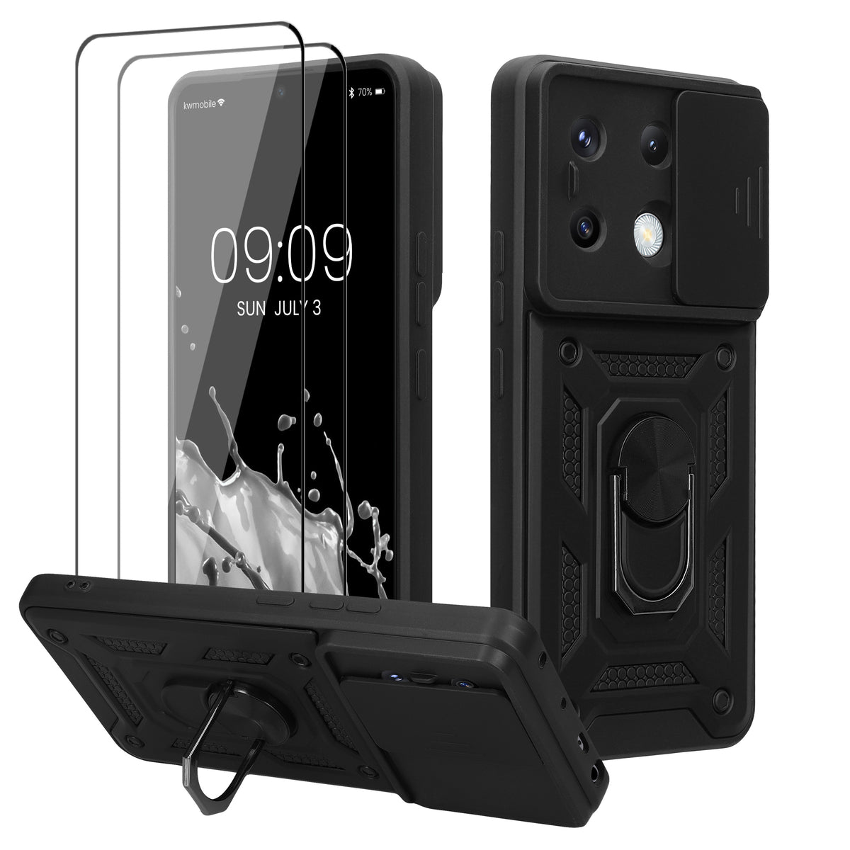 Xiaomi Redmi Note 13 Pro 5G / Poco X6 5G Handyhülle mit Ringhalter und Kameraabdeckung + 2x Schutzfolie