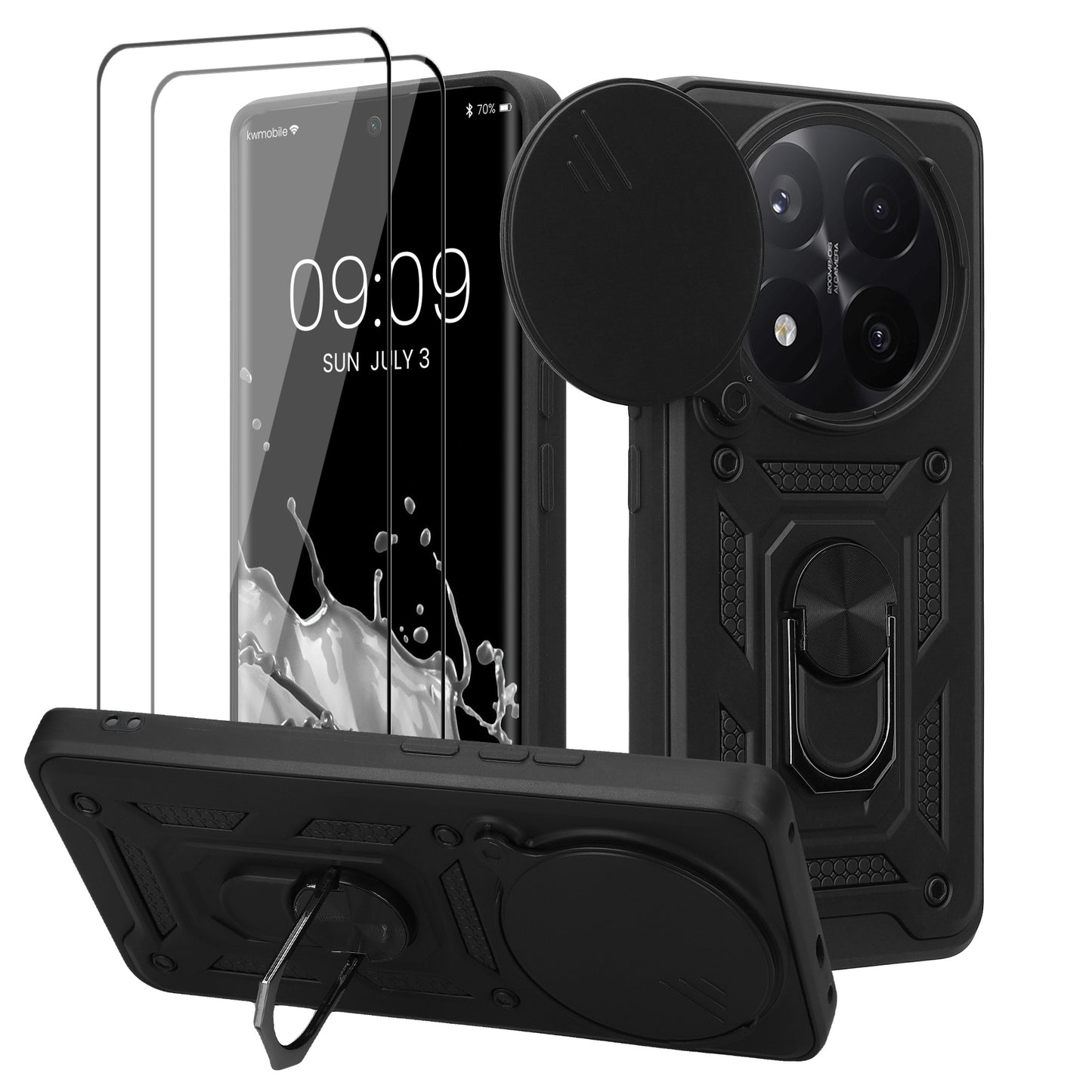 kwmobile Hülle für Xiaomi Redmi Note 14 Pro+ 5G / Redmi Note 14 Pro Plus 5G Case - Handyhülle mit 2 Schutzfolien - Kameraabdeckung und Ringhalter - Robustes Cover
