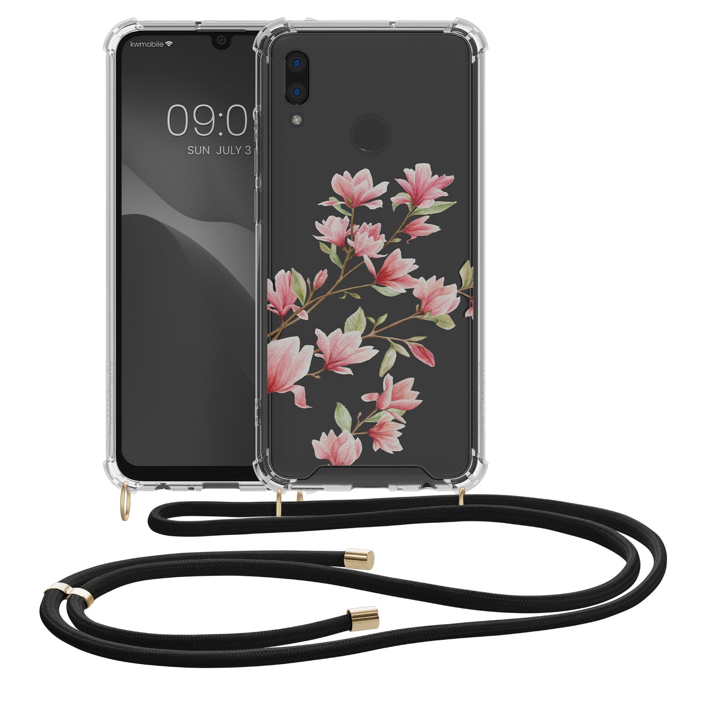 kwmobile Necklace Case kompatibel mit Huawei P Smart (2019) Hülle Silikon Cover mit Handykette Transparent Magnolien