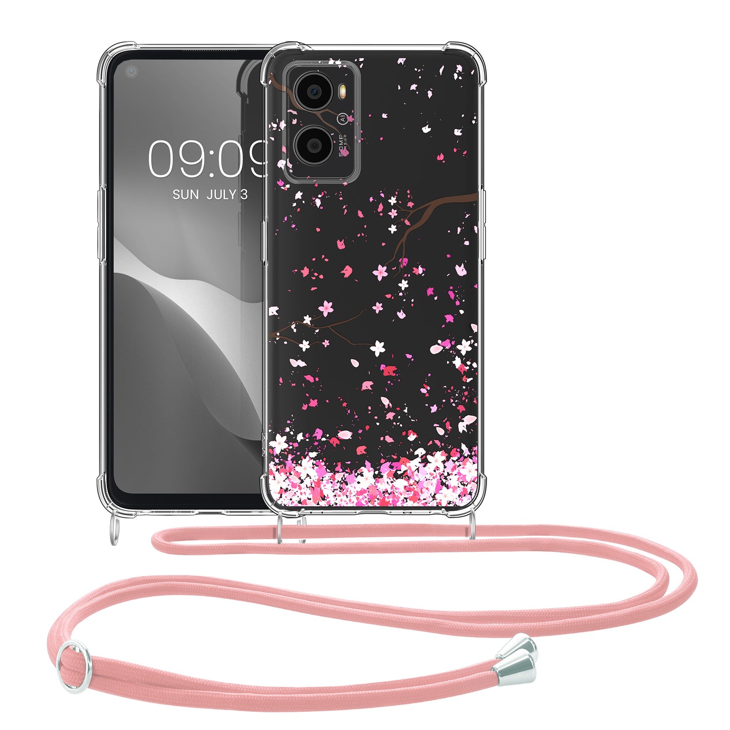 kwmobile Necklace Case kompatibel mit Oppo A76 / A96 Hülle Silikon Cover mit Handykette Kirschblütenblätter