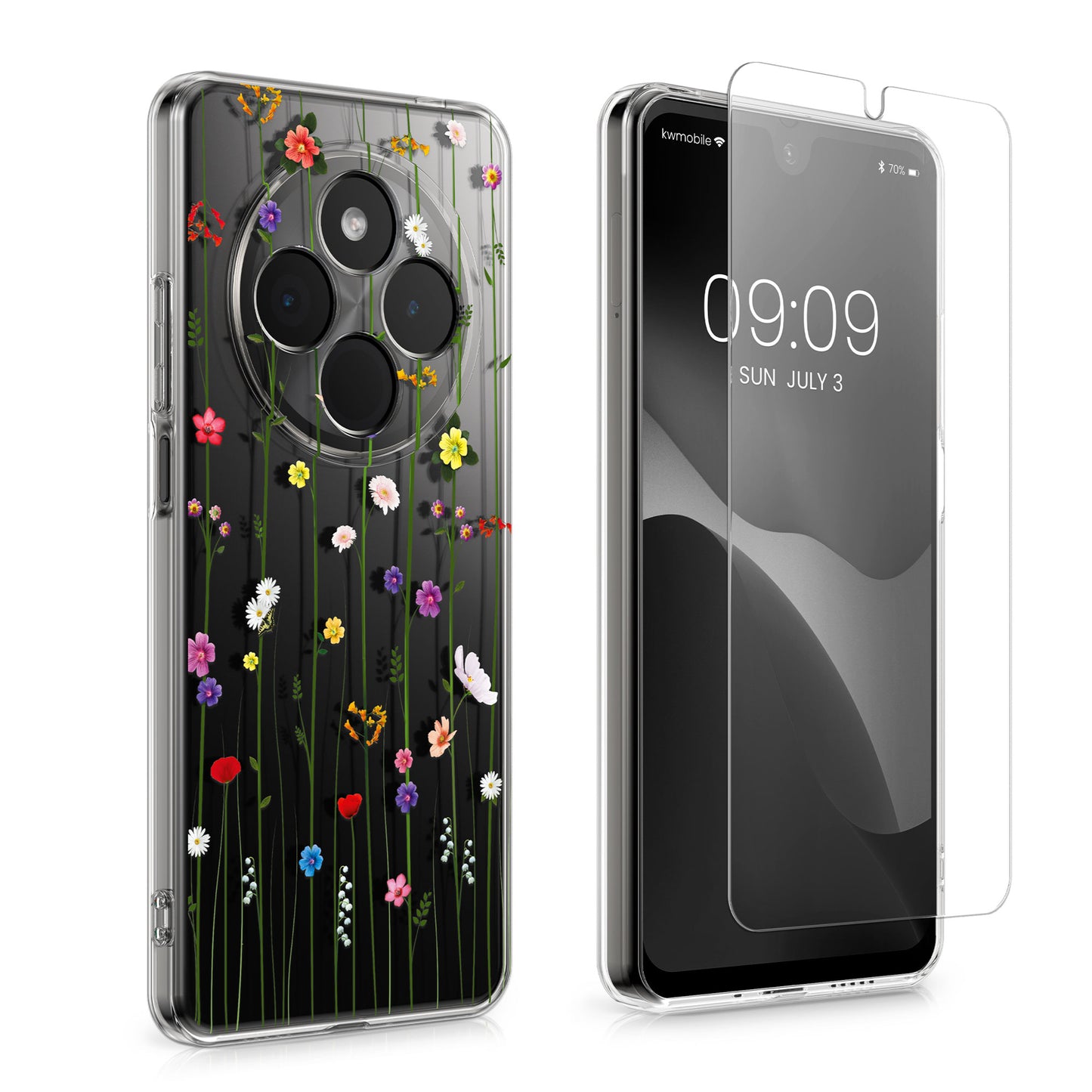 kwmobile Hülle kompatibel mit Xiaomi Redmi 14C / Poco C75 Handyhülle - Silikon Case transparent - Mit Glas Schutzfolie - Wildblumen Ranke Transparent