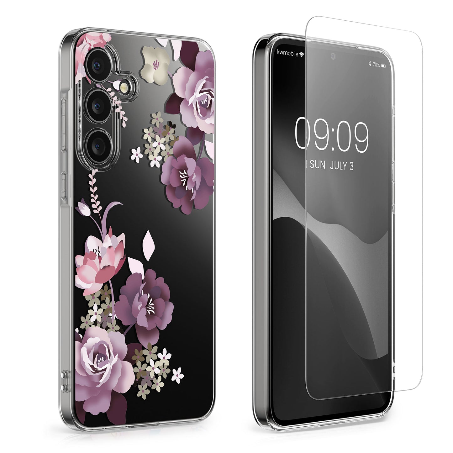kwmobile Hülle kompatibel mit Samsung Galaxy A55 5G Handyhülle - Silikon Case transparent - Mit Glas Schutzfolie - Blumenblüten und Rosen Transparent