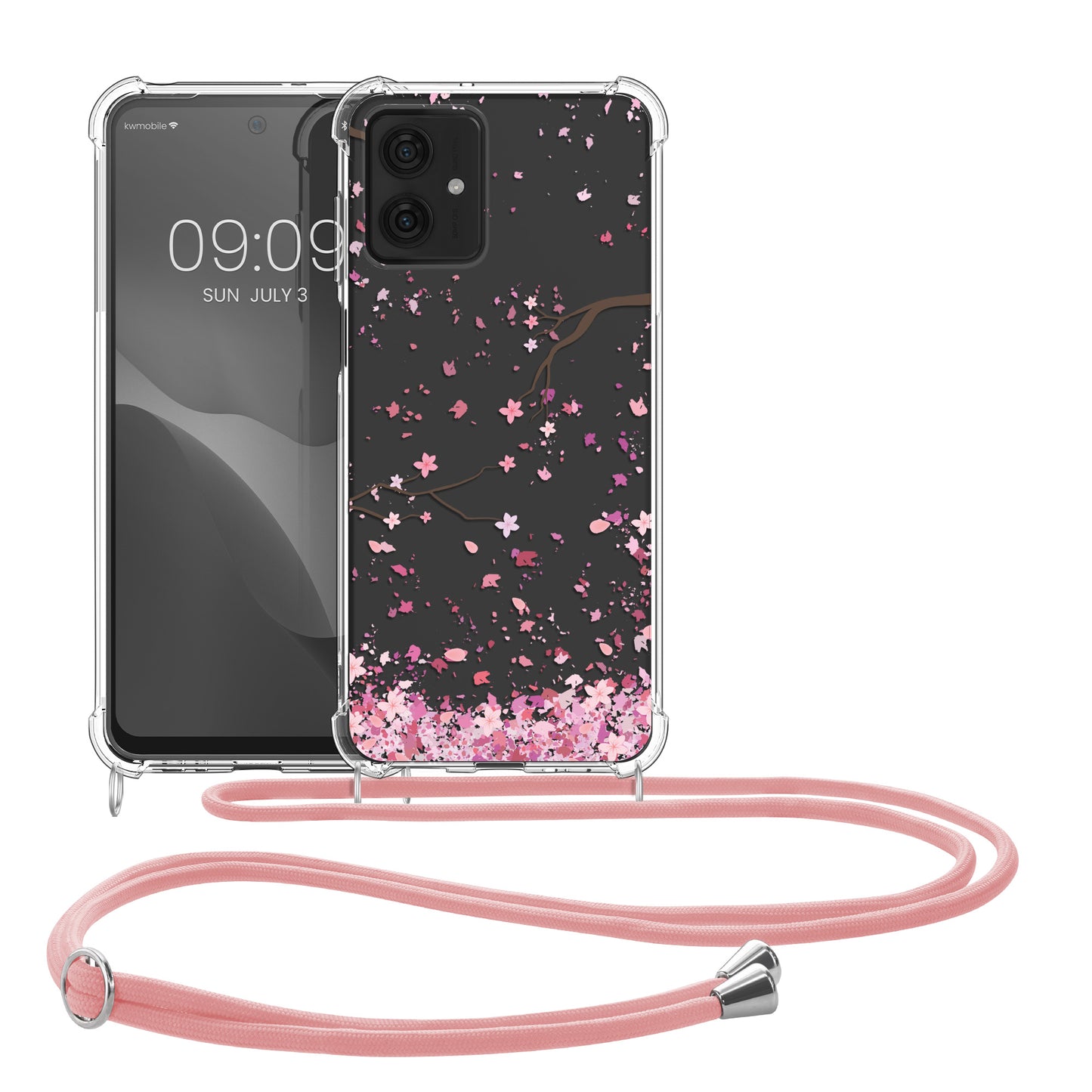 kwmobile Necklace Case kompatibel mit Motorola Moto G54 5G Hülle Silikon Cover mit Handykette Kirschblütenblätter