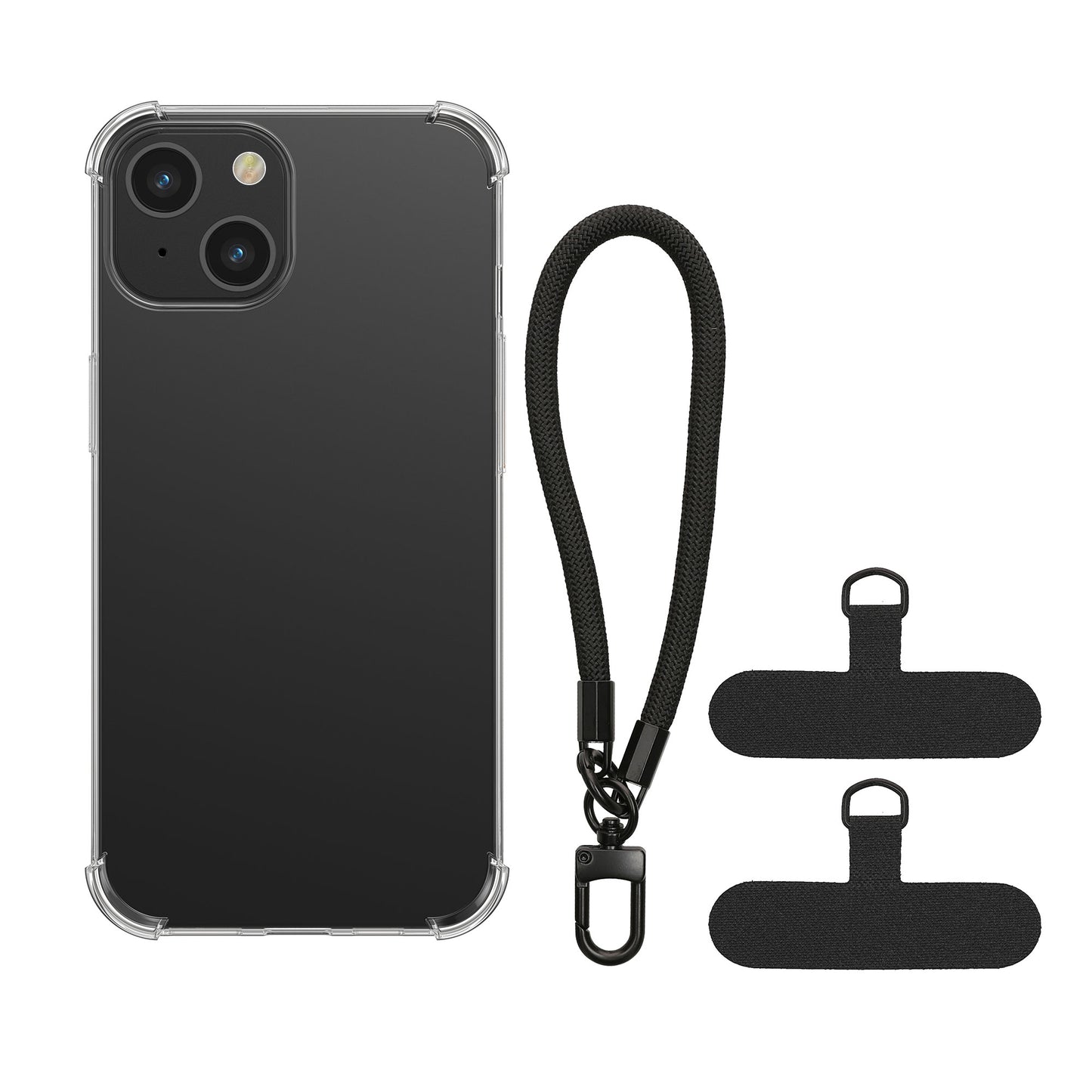 kwmobile Handy TPU Case kompatibel mit Apple iPhone 15 Hülle - Kristallklare Schutzhülle mit Kantenschutz und abnehmbarem Armband inkl. 2 Pads - Transparent Schwarz