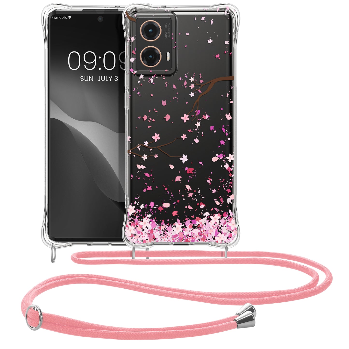 kwmobile Necklace Case kompatibel mit Motorola Moto G85 5G Hülle Silikon Cover mit Handykette Transparent Kirschblütenblätter