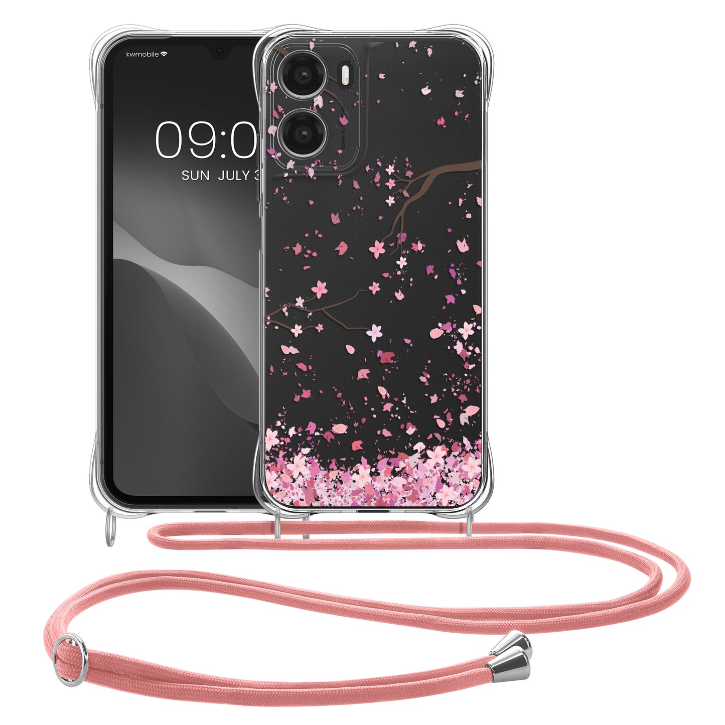 kwmobile Necklace Case kompatibel mit Motorola Moto G06 Hülle Silikon Cover mit Handykette Kirschblütenblätter