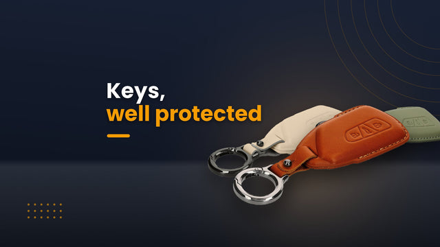 Genuine leather key covers for the VW Golf 8 car key in cognac, cream and green with the headline “Keys, well protected” – kwmobile guide