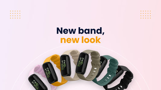 Six coloured replacement bands for Fitbit Inspire 3 fanned out, with the headline “New band, new look” – kwmobile guide