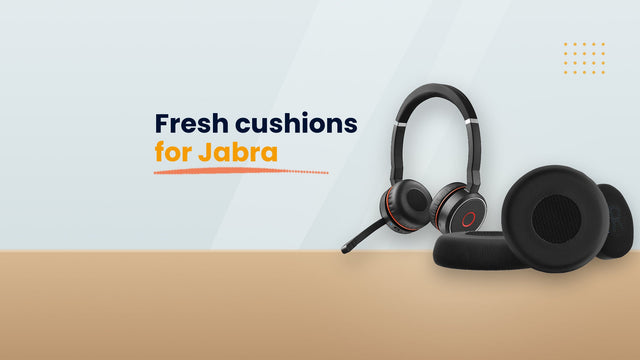Jabra Evolve2 75 headset with replacement ear cushions on a desk, with the headline “Fresh cushions for Jabra” – kwmobile guide