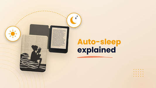 Open e-reader case for Kobo Clara and Tolino Shine 5 with wake and auto-sleep icons and the headline “Auto-sleep explained” – kwmobile guide