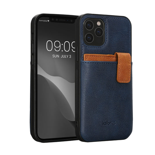 kalibri Hülle kompatibel mit Apple iPhone 12 / iPhone 12 Pro - Handyhülle Handy Cover - Kunstleder Case mit Kartenfach abnehmbar - Dunkelblau Braun Dunkelblau  