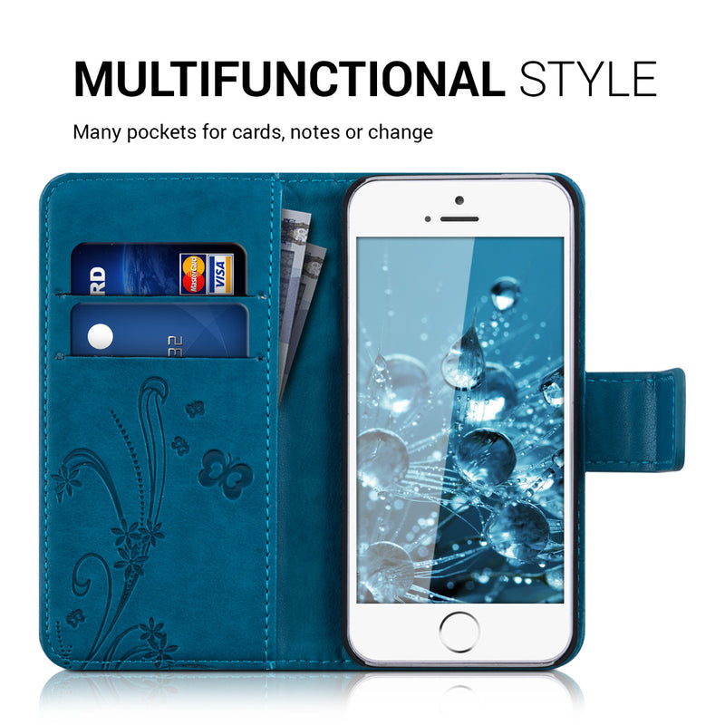 kwmobile Wallet Case kompatibel mit Apple iPhone SE (1.Gen 2016) / iPhone 5 / iPhone 5S Hülle - Cover mit Ständer und Kartenfächern