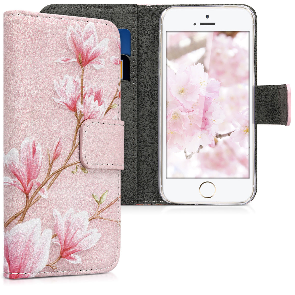 kwmobile Wallet Case kompatibel mit Apple iPhone SE (1.Gen 2016) / iPhone 5 / iPhone 5S Hülle - Cover mit Ständer und Kartenfächern