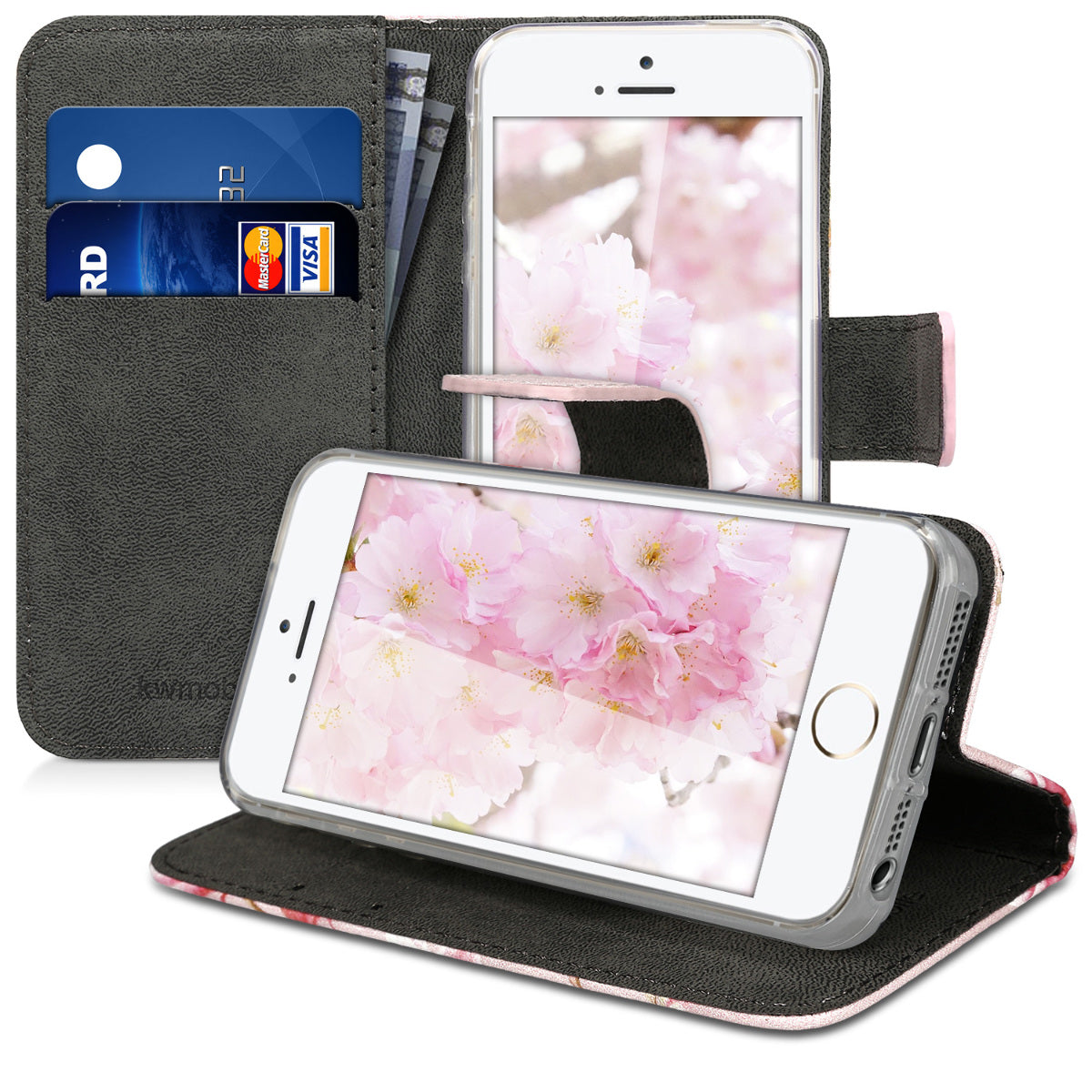 kwmobile Wallet Case kompatibel mit Apple iPhone SE (1.Gen 2016) / iPhone 5 / iPhone 5S Hülle - Cover mit Ständer und Kartenfächern