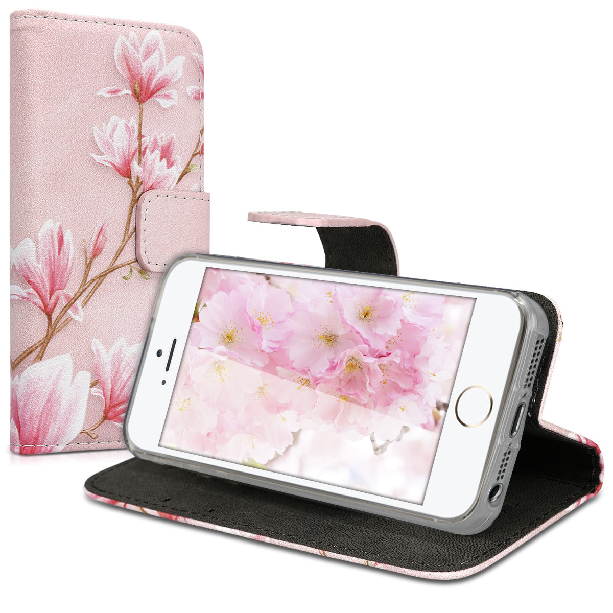 kwmobile Wallet Case kompatibel mit Apple iPhone SE (1.Gen 2016) / iPhone 5 / iPhone 5S Hülle - Cover mit Ständer und Kartenfächern