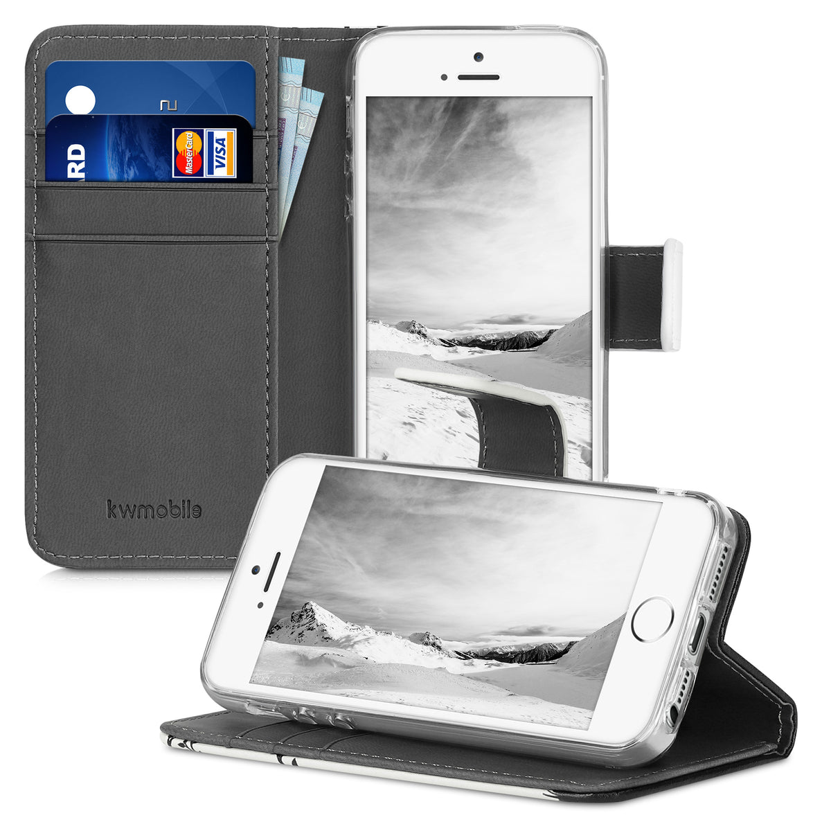 kwmobile Wallet Case kompatibel mit Apple iPhone SE (1.Gen 2016) / iPhone 5 / iPhone 5S Hülle - Cover mit Ständer und Kartenfächern