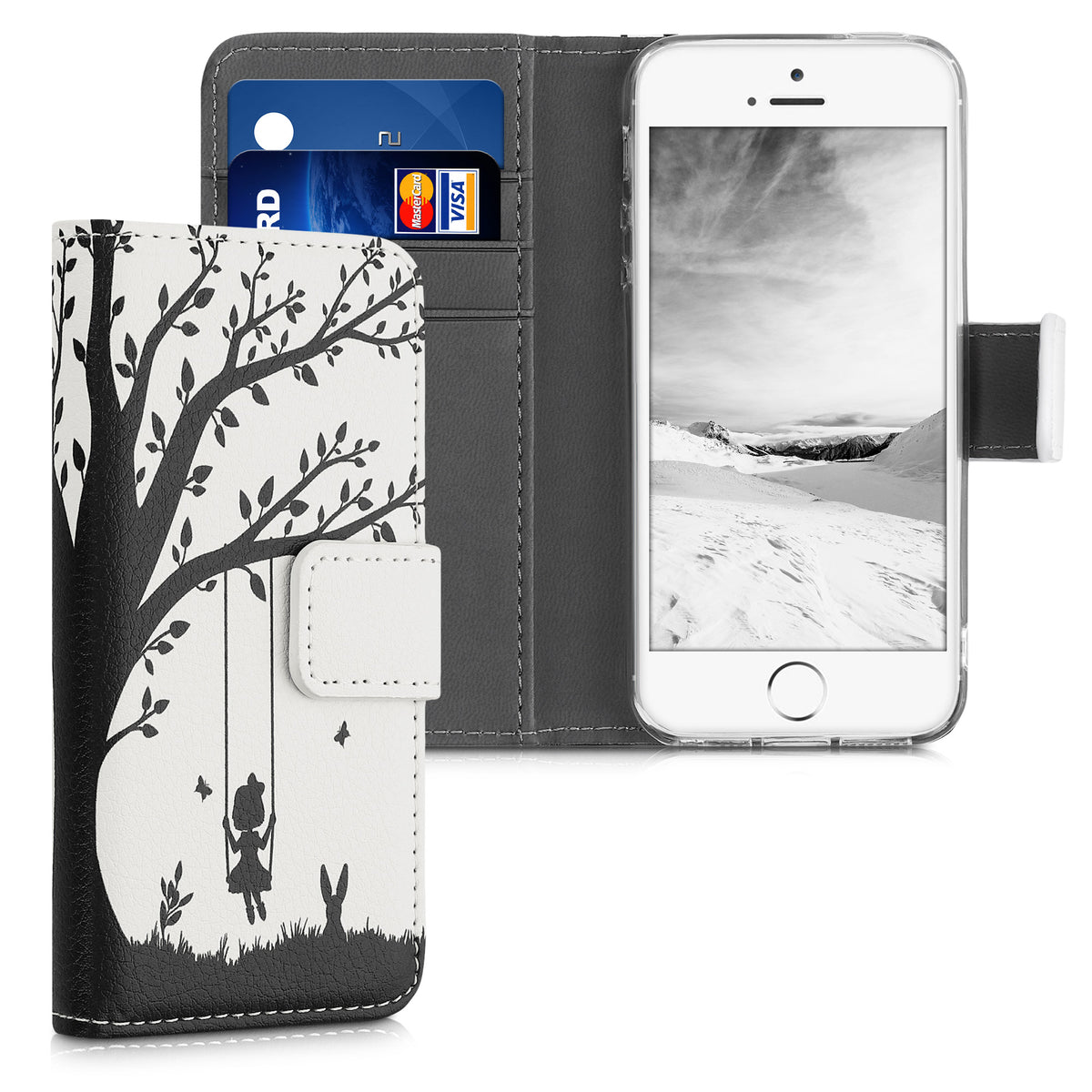 kwmobile Wallet Case kompatibel mit Apple iPhone SE (1.Gen 2016) / iPhone 5 / iPhone 5S Hülle - Cover mit Ständer und Kartenfächern