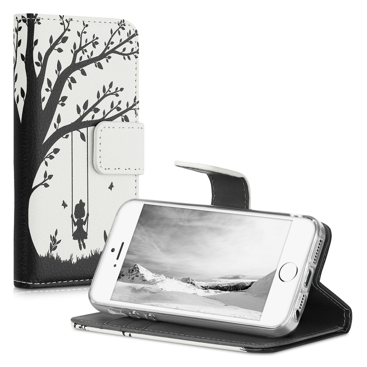kwmobile Wallet Case kompatibel mit Apple iPhone SE (1.Gen 2016) / iPhone 5 / iPhone 5S Hülle - Cover mit Ständer und Kartenfächern