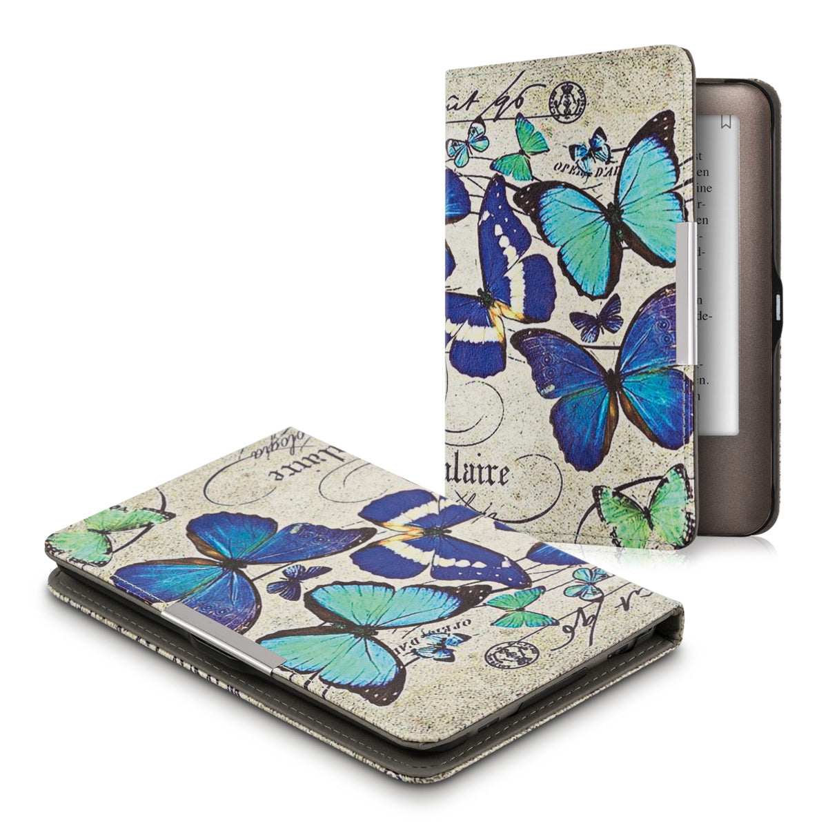 kwmobile Schutzhülle für Tolino Shine (2013) Hülle - eReader Flip Case mit Auto Sleep Funktion - Schmetterlinge Vintage mit Beige