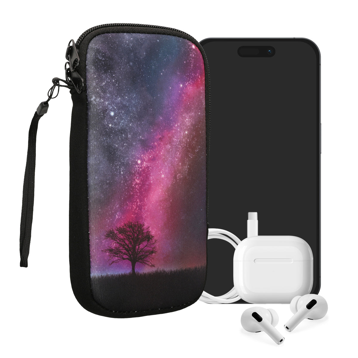 kwmobile Handytasche für Smartphones XXL - 7" - Neopren Handy Tasche Hülle Cover Case Schutzhülle - Galaxie Baum Wiese Pink Dunkelblau Schwarz - 17,7 x 8,5 cm Innenmaße Pink XXL [dsg82]