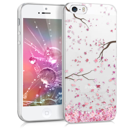 kwmobile Case kompatibel mit Apple iPhone SE (1.Gen 2016) / iPhone 5 / iPhone 5S - Hülle Silikon transparent Kirschblütenblätter Rosa Dunkelbraun Transparent Rosa  [dsg24]