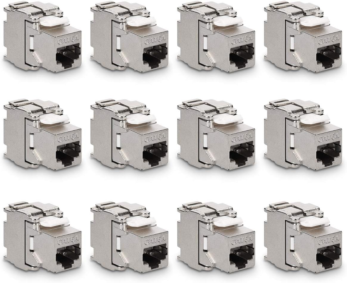 kwmobile 12x Keystone Modul CAT 6A - RJ45 10 Gbit/s werkzeugfreie Installation - geschirmtes Metallgehäuse - Snap-In Keystone Jack für Patchpanel - Netzwerkdose und Wanddose Silber  [dsg12]