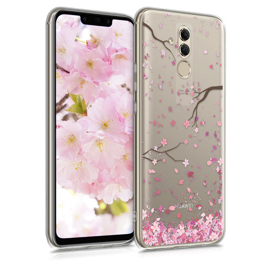kwmobile Case kompatibel mit Huawei Mate 20 Lite - Hülle Silikon transparent Kirschblütenblätter Rosa Dunkelbraun Transparent Rosa  [dsg32]