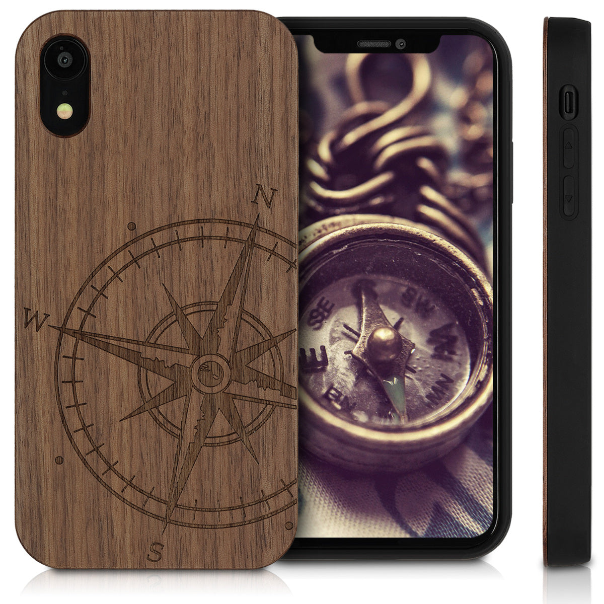 Holz Hardcase mit TPU Bumper für Apple iPhone XR Kompass Vintage