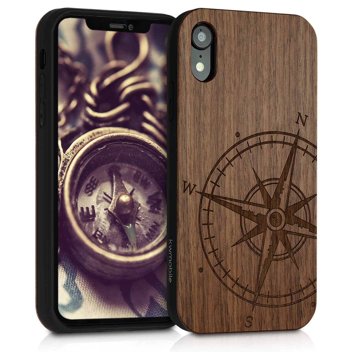 Holz Hardcase mit TPU Bumper für Apple iPhone XR Kompass Vintage