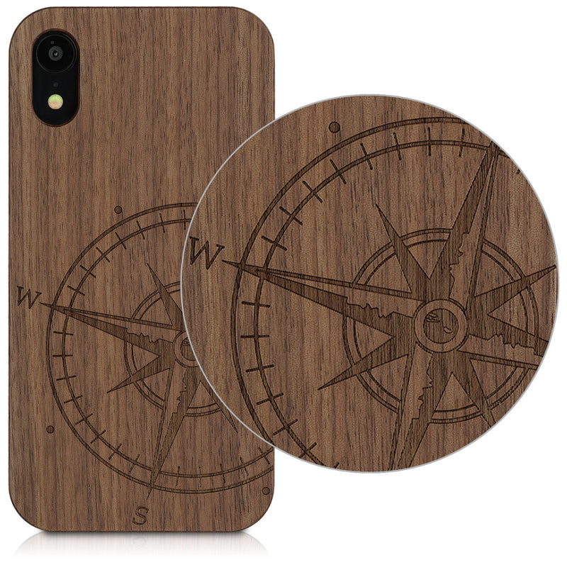 Holz Hardcase mit TPU Bumper für Apple iPhone XR Kompass Vintage