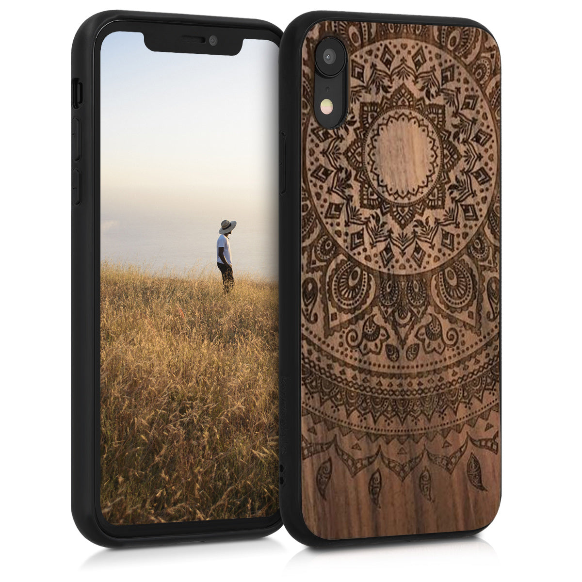 Holz Hardcase mit TPU Bumper für Apple iPhone XR Kompass Vintage