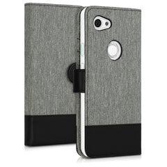 Google Pixel 3a Handyhülle mit Kartenfach Canvas Grau Schwarz und Ständer