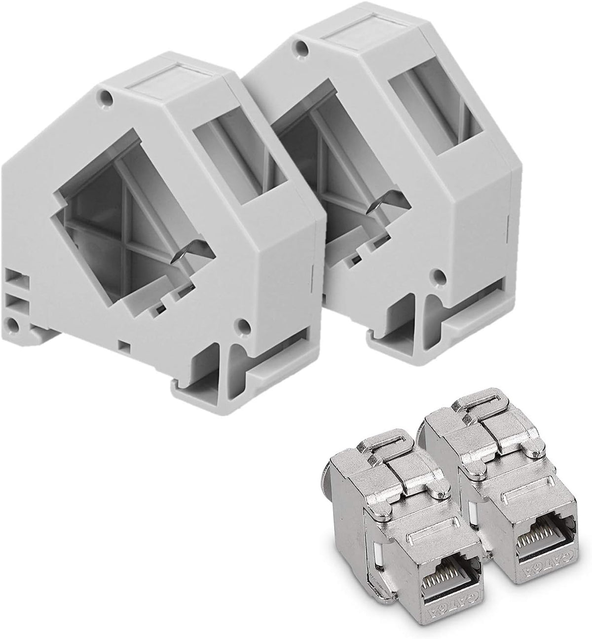 kwmobile Keystone Modul und Hutschienenadapter Set - passt auf genormte Hutschiene - 2x CAT 6A Module 2x Halter - RJ45 Buchse geschirmt - werkzeuglos Silber  