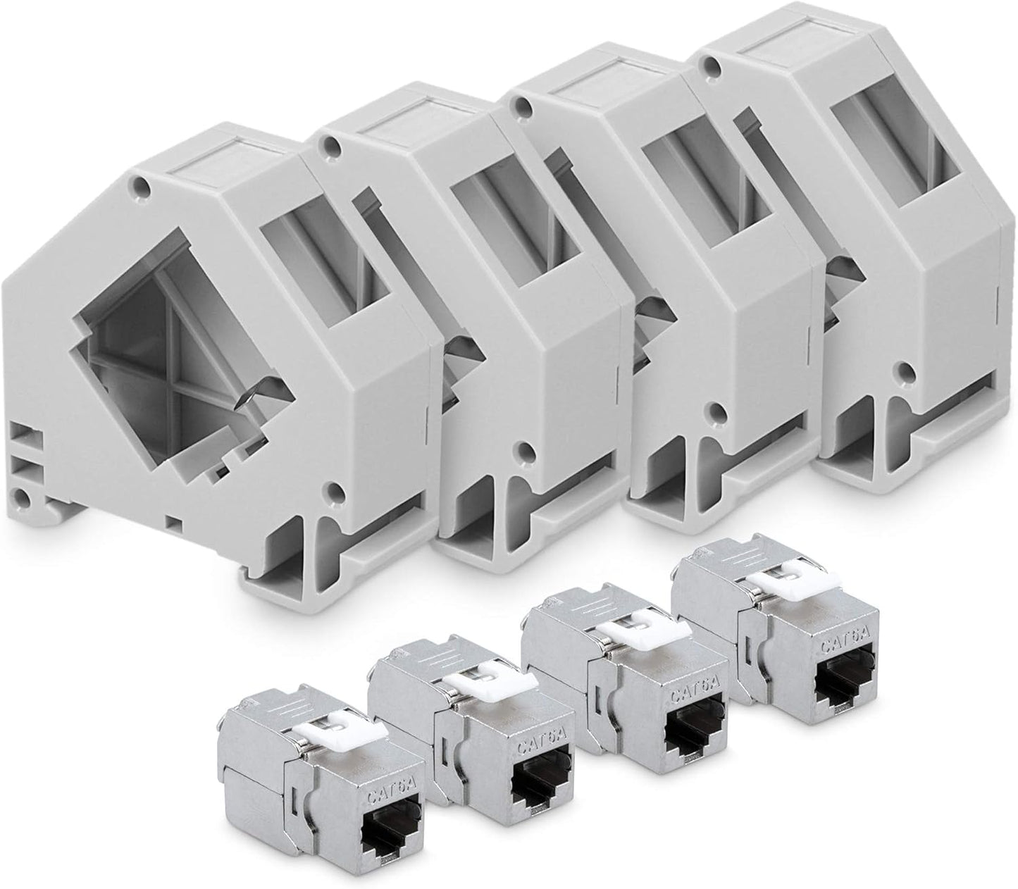 kwmobile Keystone Modul Set CAT 6A mit Hutschienenadapter - 4x RJ45 Buchse geschirmt + 4x Halter für DIN Hutschiene - werkzeuglose Netzwerkdose bis 10 Gbit/s Silber  