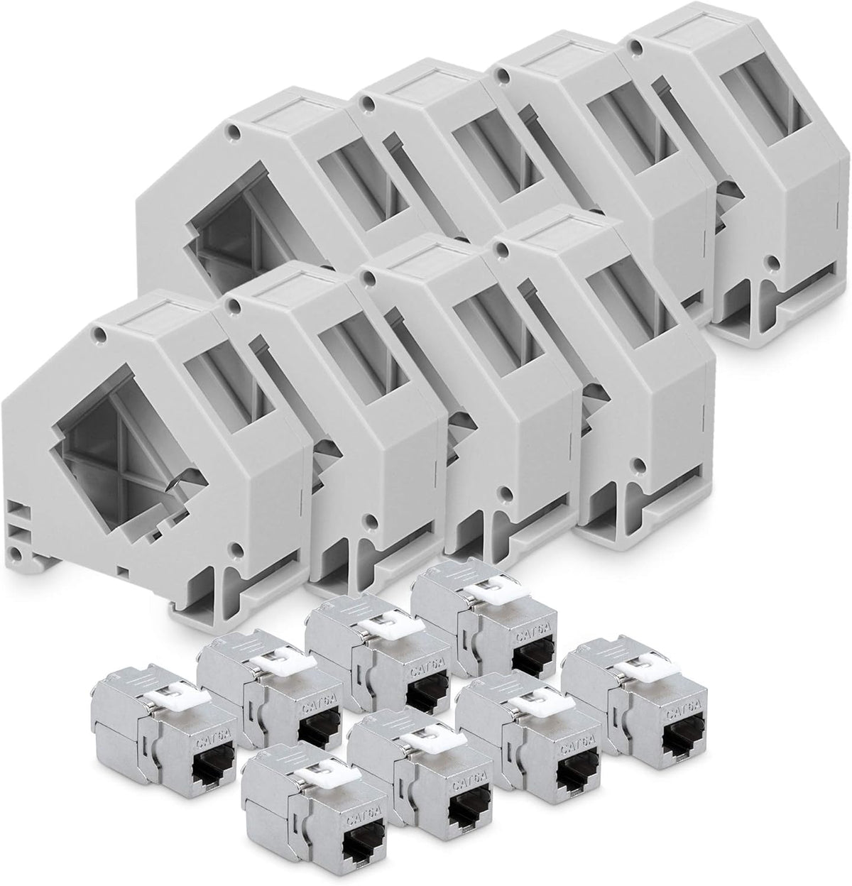 kwmobile Keystone Modul Set CAT 6A mit Hutschienenadapter - 8x RJ45 Hutschienenadapter Buchse geschirmt + 8x Halter für DIN Hutschiene - werkzeuglose Netzwerkdose bis 10 Gbit/s Silber  