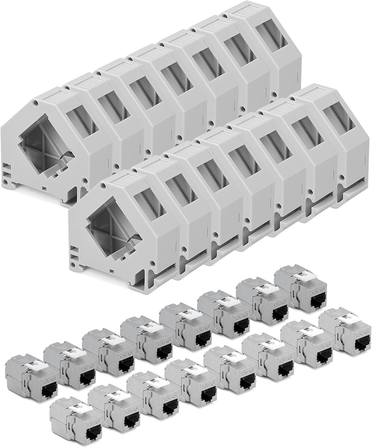 kwmobile Keystone Modul Set CAT 6A mit Hutschienenadapter - 16x Keystone RJ45 Buchse geschirmt + 16x Halter für DIN Hutschiene - werkzeuglose Netzwerkdose bis 10 Gbit/s Silber  