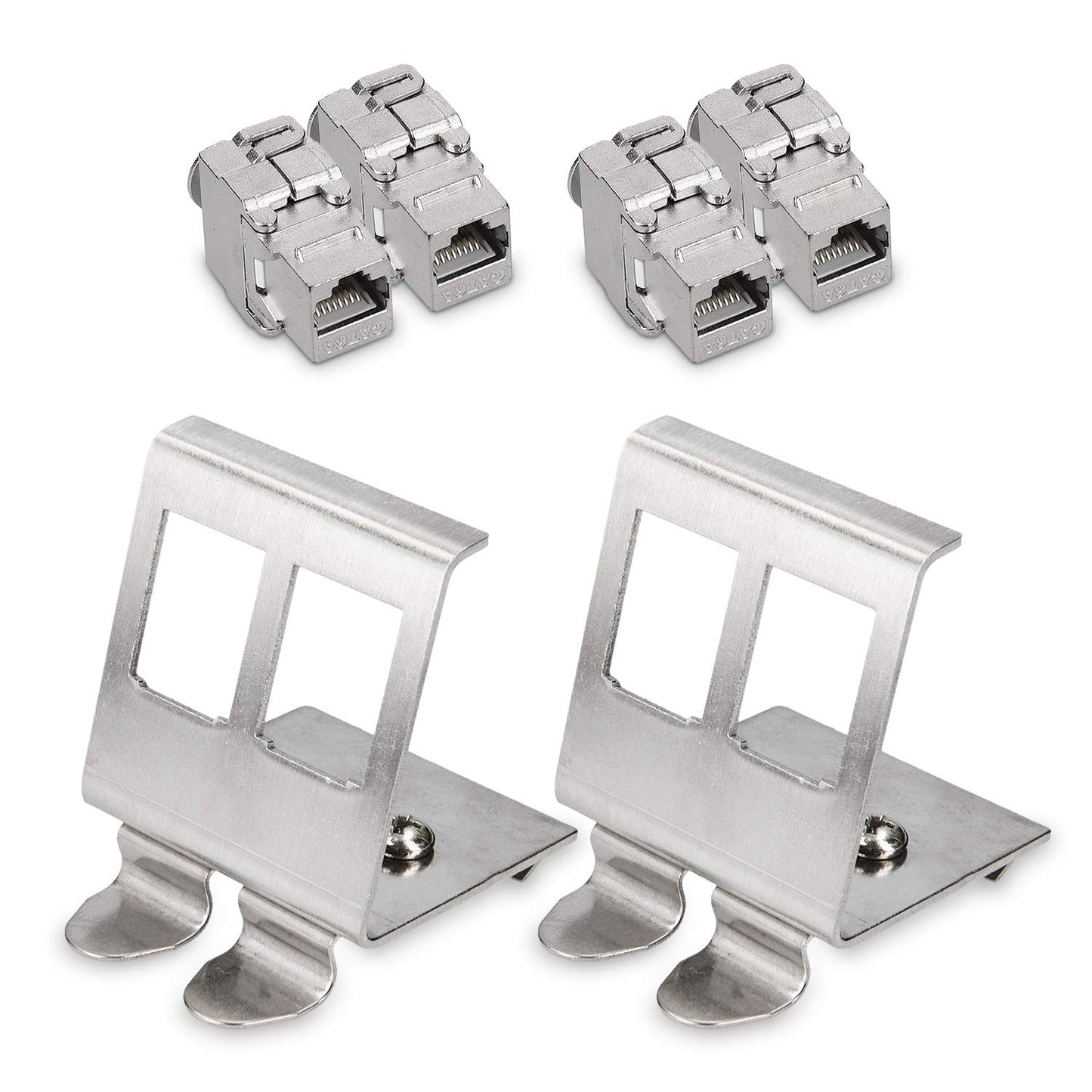 kwmobile Keystone Modul und Hutschienenadapter Set - passt auf genormte Hutschiene - 4x CAT 6A Modul 2x Halter - RJ45 Buchse geschirmt - werkzeuglos Silber  