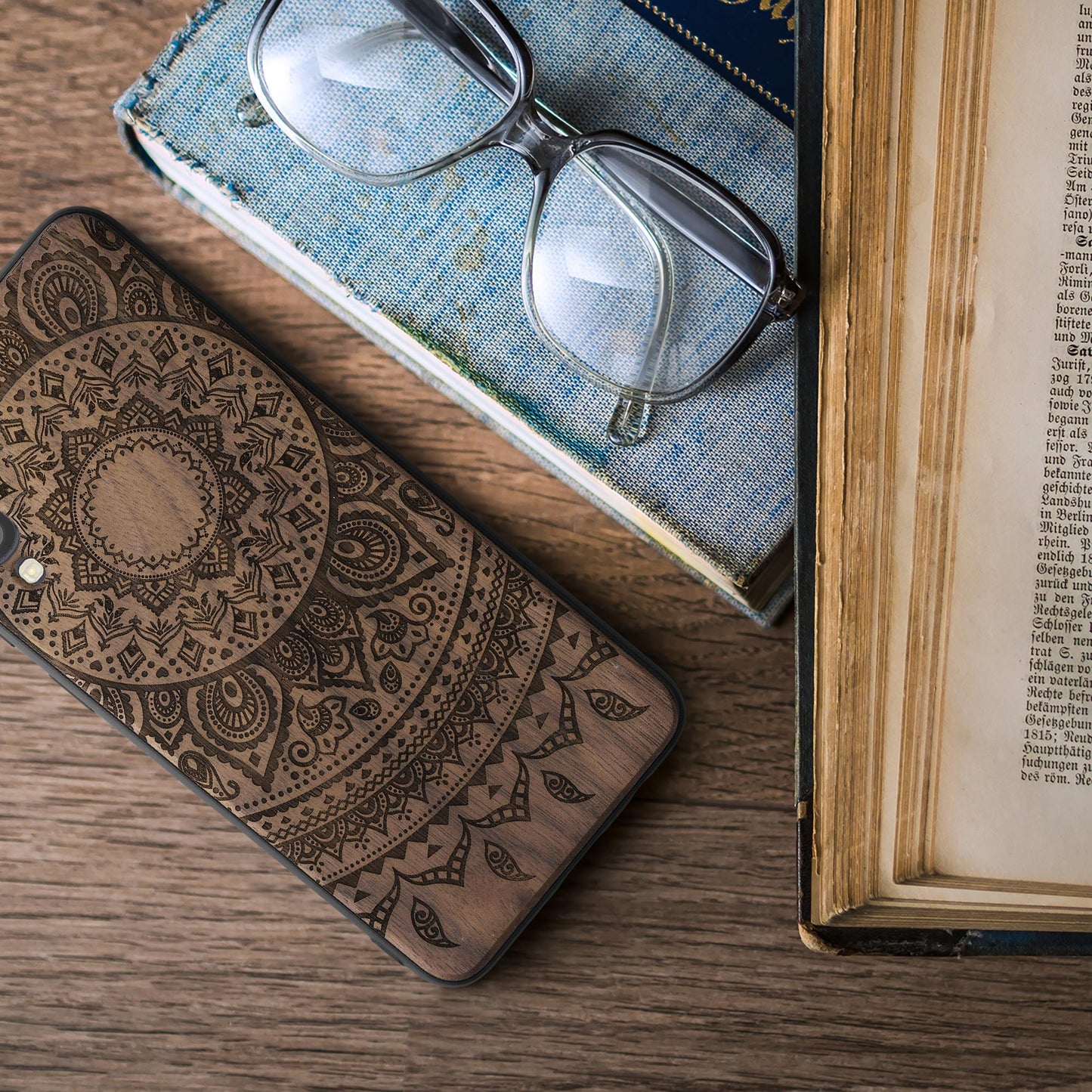 Holz Hardcase mit TPU Bumper für Samsung Galaxy A50 Indische Sonne