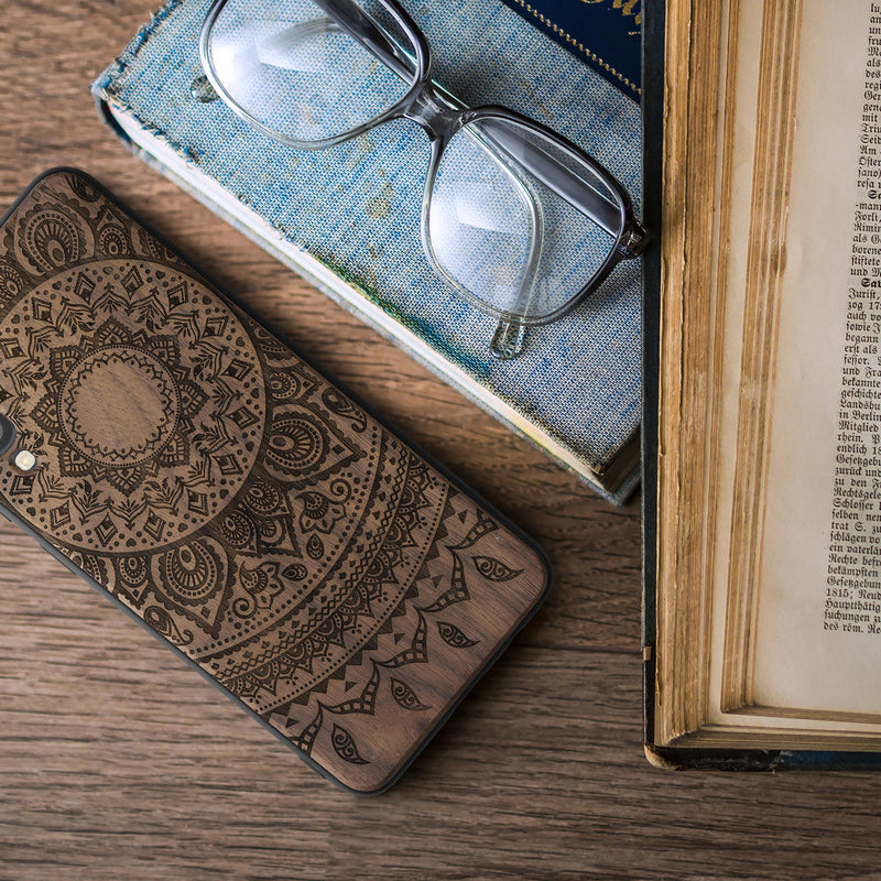 Holz Hardcase mit TPU Bumper für Samsung Galaxy A50 Indische Sonne