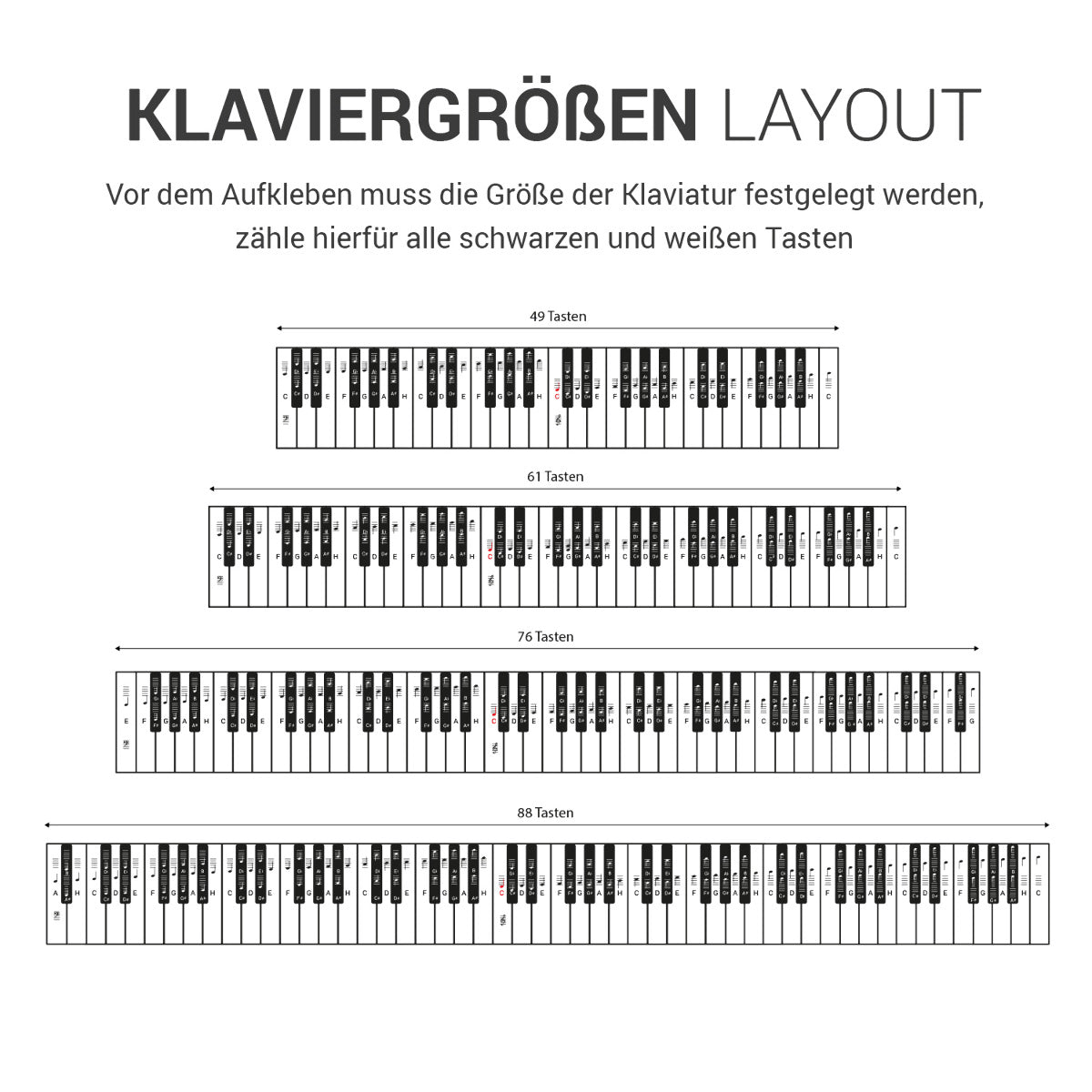 kwmobile Klavier Keyboard Noten Aufkleber - für 49 61 76 88 Tasten Instrumente - Vinyl Piano Sticker für weiße
