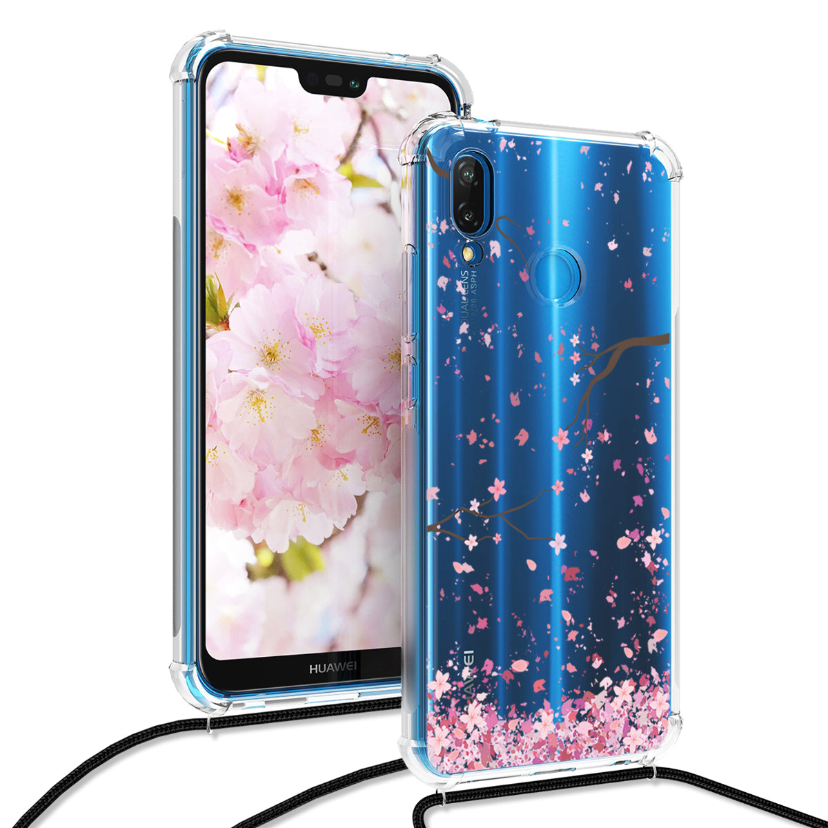 kwmobile Necklace Case kompatibel mit Huawei P20 Lite Hülle Silikon Cover mit Handykette Kirschblütenblätter