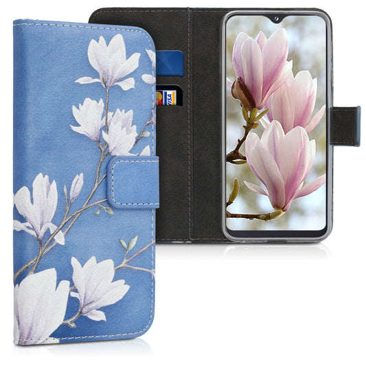 kwmobile Wallet Case kompatibel mit Samsung Galaxy A20e Hülle - Cover mit Ständer und Kartenfächern - Magnolien Taupe Weiß Blaugrau Taupe  [dsg01]