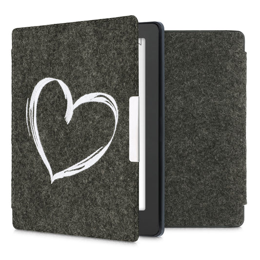 kwmobile Hülle kompatibel mit Kobo Aura H2O Edition 2 - Filz Stoff eReader Schutzhülle Cover Case - Herz Brush Weiß Dunkelgrau Weiß  [dsg04]