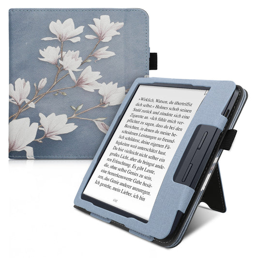 kwmobile Flip Cover kompatibel mit Kobo Libra H2O - Hülle mit Handschlaufe Magnolien Taupe Weiß Blaugrau Taupe  [dsg01]