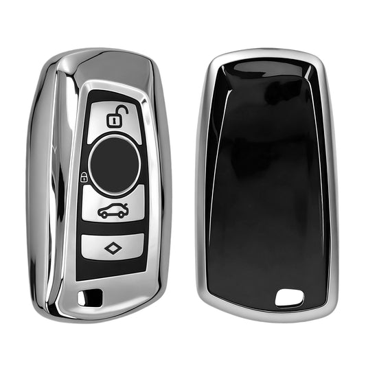 BMW 3-Tasten Funk Autoschlüssel (nur Keyless Go) Silikon Schlüsselhülle Hochglanz Silber Schwarz