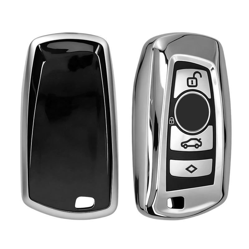 BMW 3-Tasten Funk Autoschlüssel (nur Keyless Go) Silikon Schlüsselhülle Hochglanz Silber Schwarz