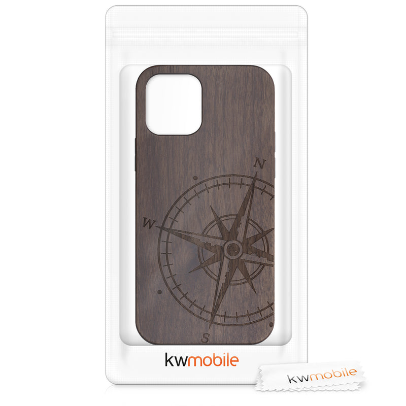 iPhone 12 / iPhone 12 Pro stoßfestes Holz Hardcase mit TPU Bumper Kompass
