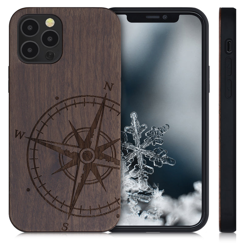 iPhone 12 / iPhone 12 Pro stoßfestes Holz Hardcase mit TPU Bumper Kompass