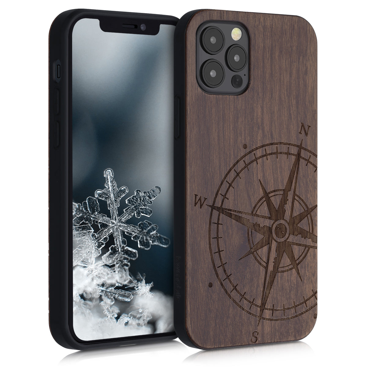 iPhone 12 / iPhone 12 Pro stoßfestes Holz Hardcase mit TPU Bumper Kompass